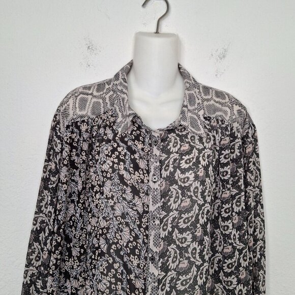 Free People Floral Paisley Snake Blouse Sz S Button Down Sheer Mix Media Boho - Picture 9 of 16